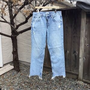 Nuuds Womens Distressed Straight Leg Jeans Light Wash Raw Hem Size 30 Denim